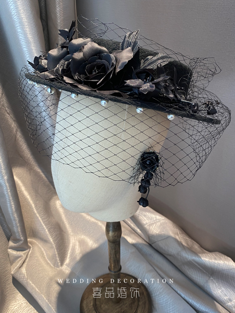 喜品新款原创新娘黑色花朵珍珠网格礼帽复古头饰样片外景拍照帽子