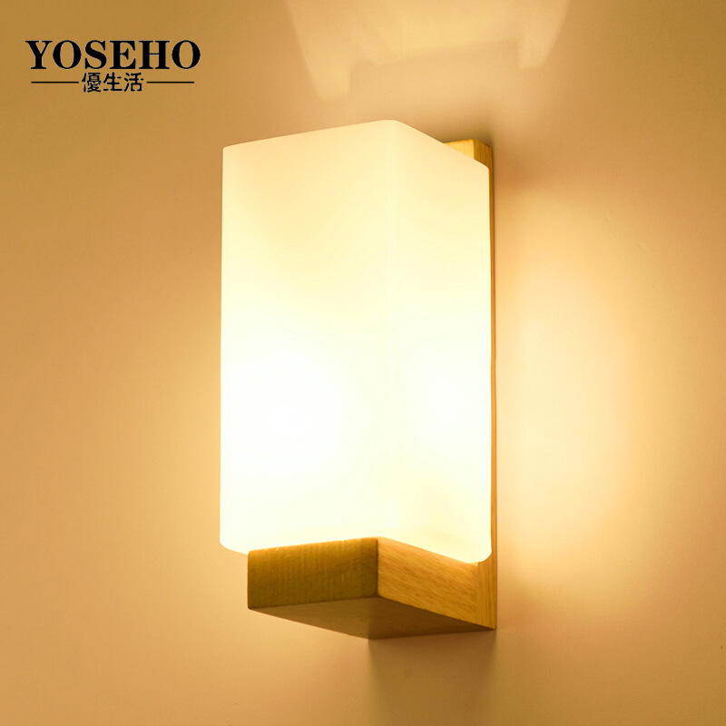 日式木艺床头壁灯卧室简约现代实木中式北欧创意客厅过道酒店灯具