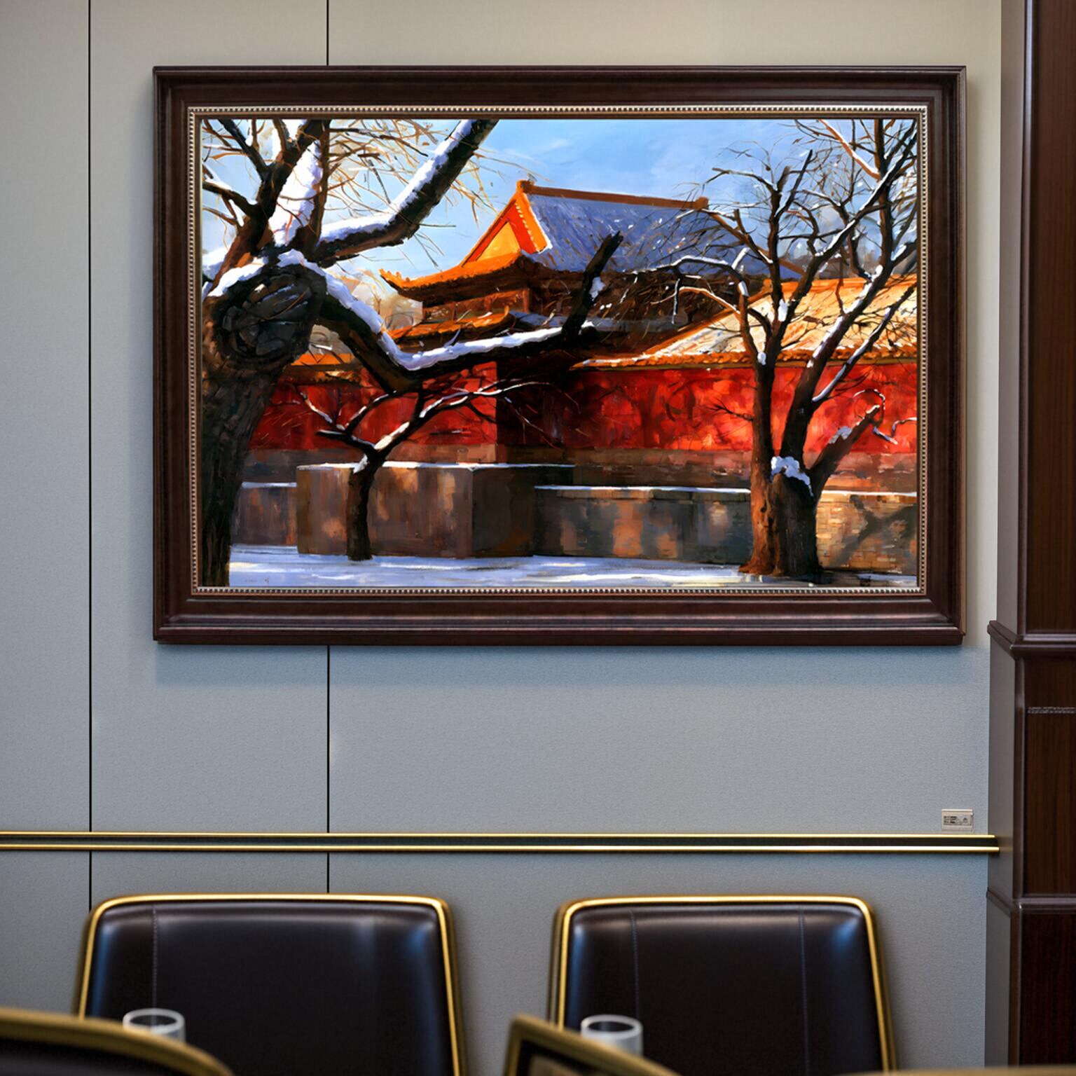 手绘油画老北京故宫雪景壁画冬天风景装饰画玄关红色围墙古树卓克