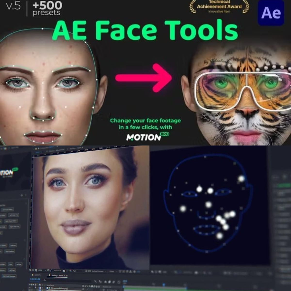 Face Tools V5.2 AE脚本人脸面部追踪表情丑化换脸化妆美颜工具