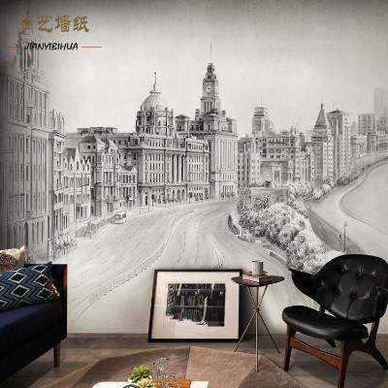 水彩黑白素描建筑壁纸抽象欧式城W市风景客厅壁画简约手绘背景墙