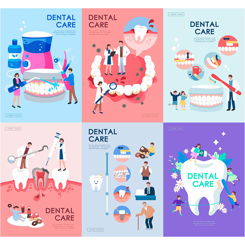 扁平化卡通爱护牙齿口腔健康蛀牙预防检查宣传海报AI矢量素材模板