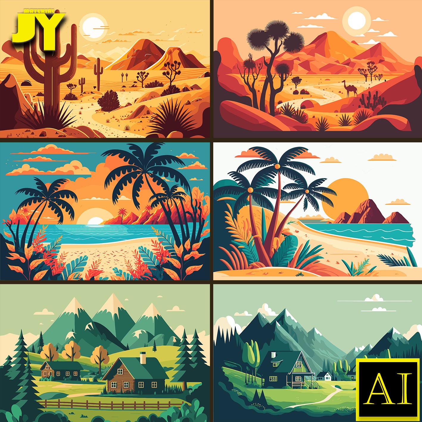 热带雨林椰子树沙漠仙人掌田野小屋大自然风景插画画册海报AI素材