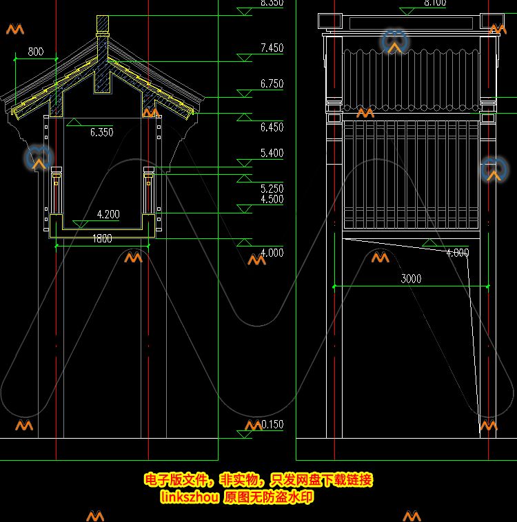 CAD图纸新中式二层门楼仿古建筑砖混结构门楼过街楼CAD图纸方案图