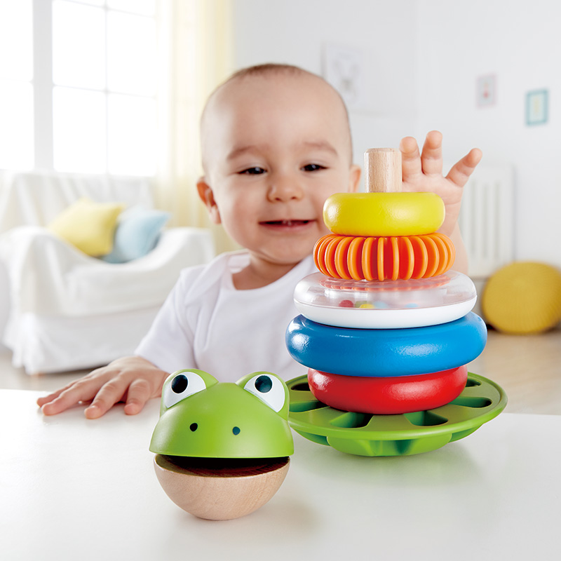 Hape青蛙花式圆环堆塔彩虹套圈叠叠乐儿童益智力堆堆层层玩具1岁+