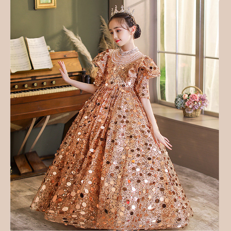 小女孩十岁宴红毯公主裙儿童节目主持人晚礼服亮片钢琴发表会半袖