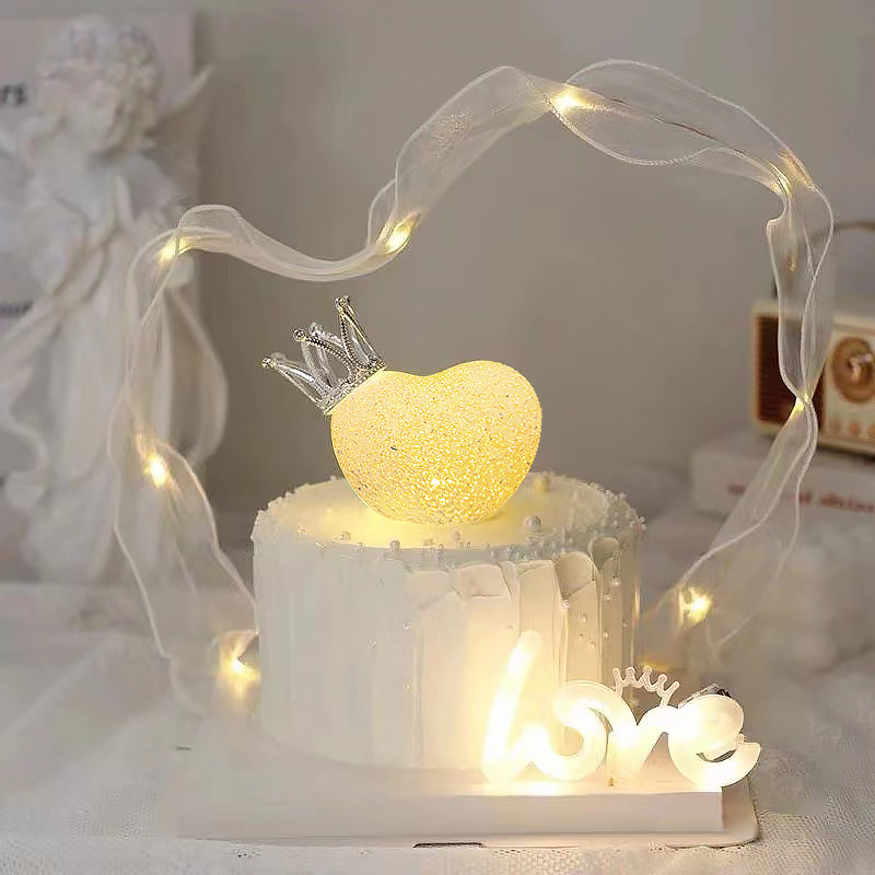 生日蛋糕装饰水晶爱心发光灯摆件唯美蝴蝶飘带心形甜品装扮情人节