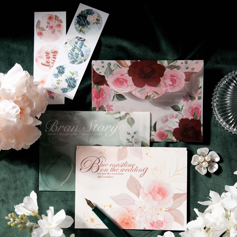玫瑰月季花花卉系列信封信纸套装 带封口贴复古纪念告白留言信封