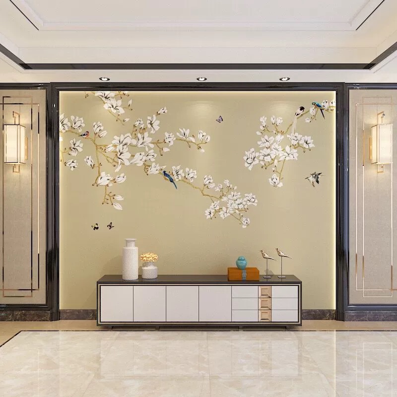 新中式客厅电视背景墙纸手绘花鸟壁纸影视墙布茶室书房古典壁画