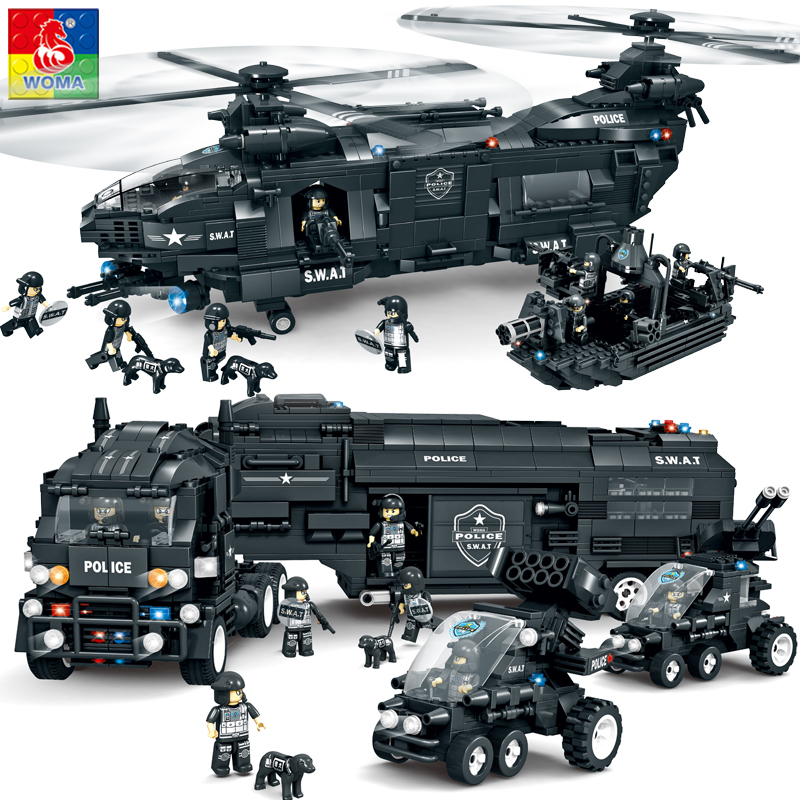 沃马特警战队指挥车军事拼装积木儿童智力玩具拼图警察飞机男孩