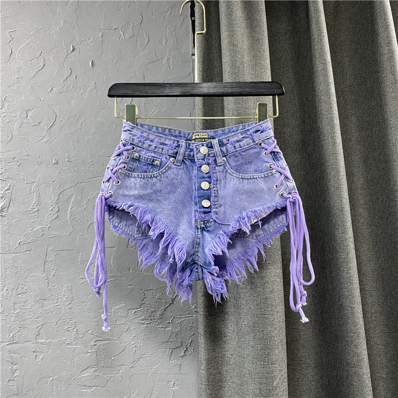 欧美女装24夏季新款紫色洋气性感低腰单排扣A字牛仔短裤绑带热裤