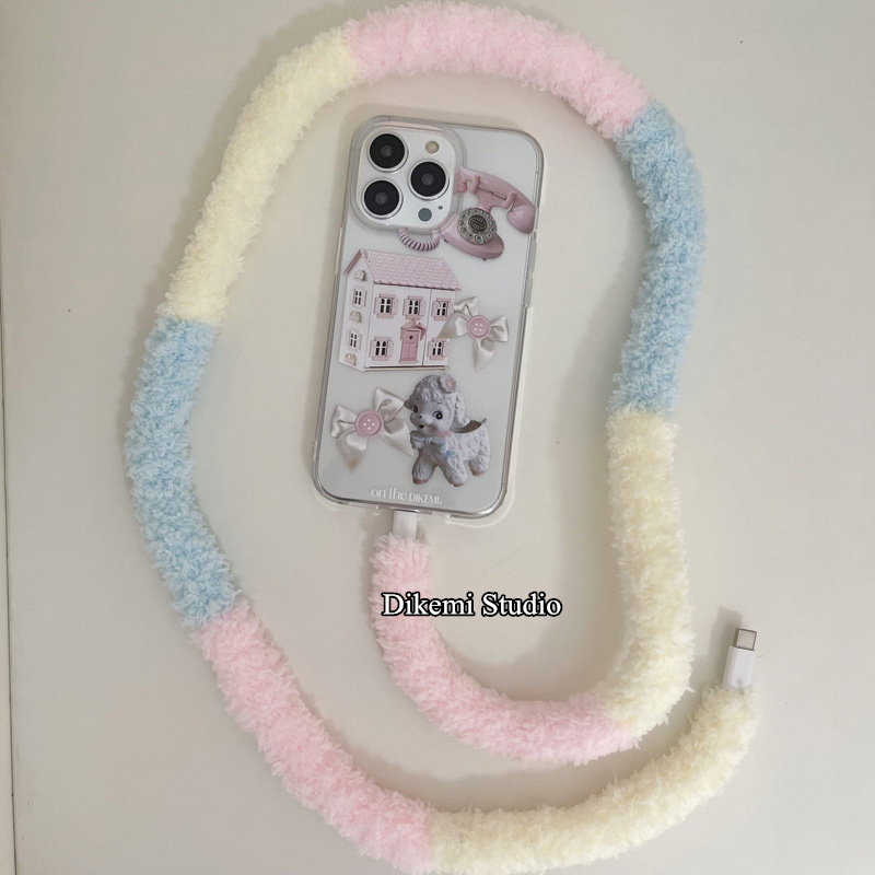 韩国ins可爱少女粉黄蓝毛绒数据线博主同款适用于苹果iphone手机/ipad充电线华为
