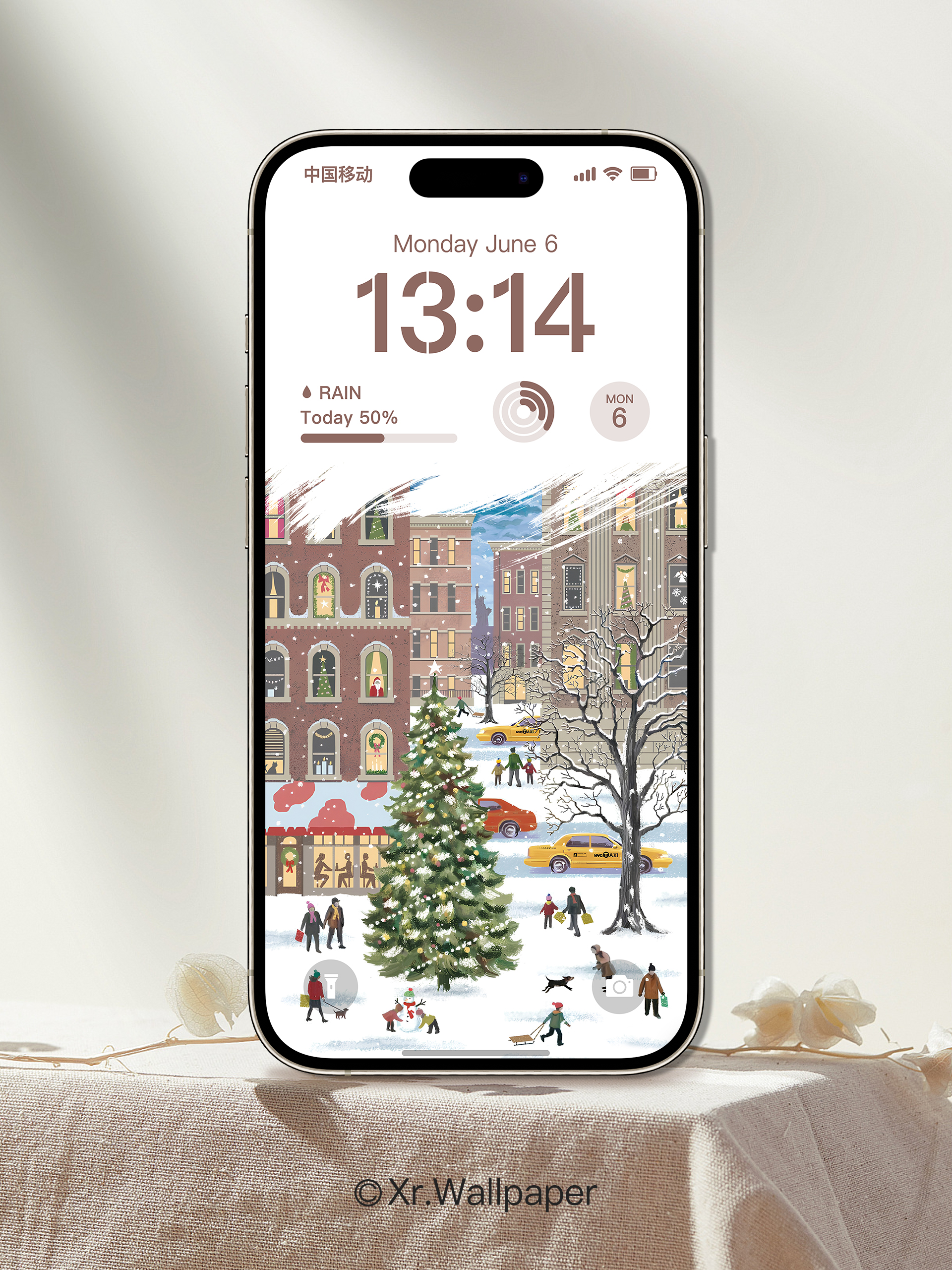 圣诞节冬日街头插画风手机壁纸圣诞树冬天高清图片卡通素材