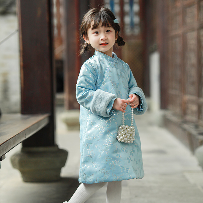新品女童高级旗袍冬季夹棉加厚中国古风小女孩汉服裙中长款儿童拜