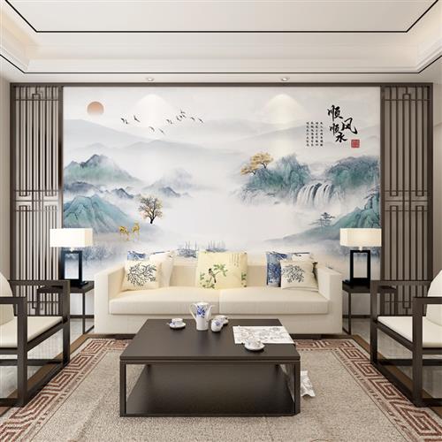 新中式墙画意境壁纸山水顺风顺水客厅电视背S景墙自黏贴画墙贴