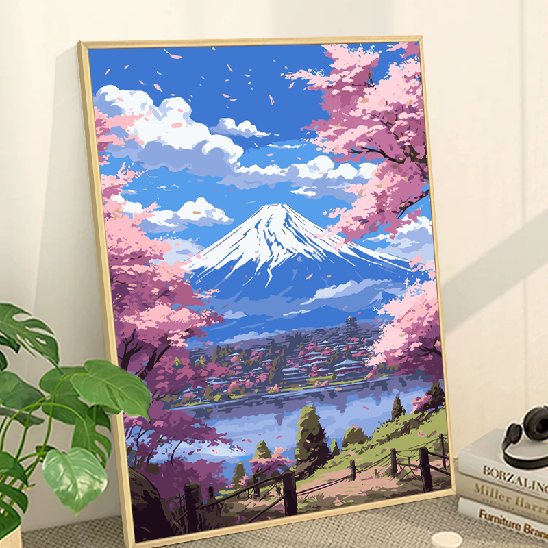 宫崎骏数字油画diy填充涂色手工绘卡通动漫风景丙烯装饰画富士山