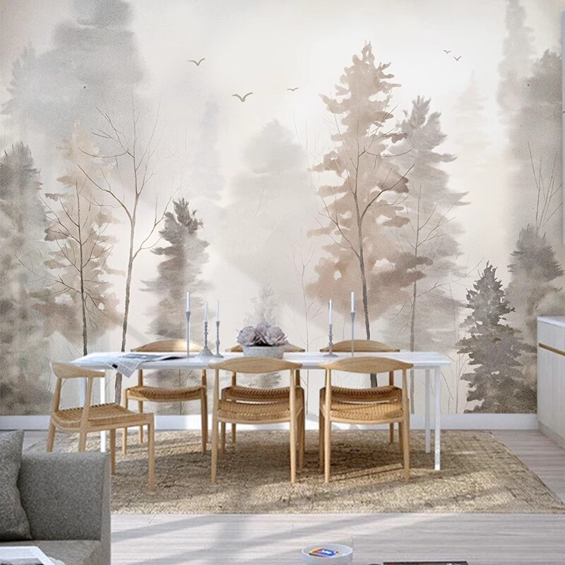 北欧式手绘树林墙纸客厅卧室简约墙布电视背景墙壁纸沙发餐厅壁画