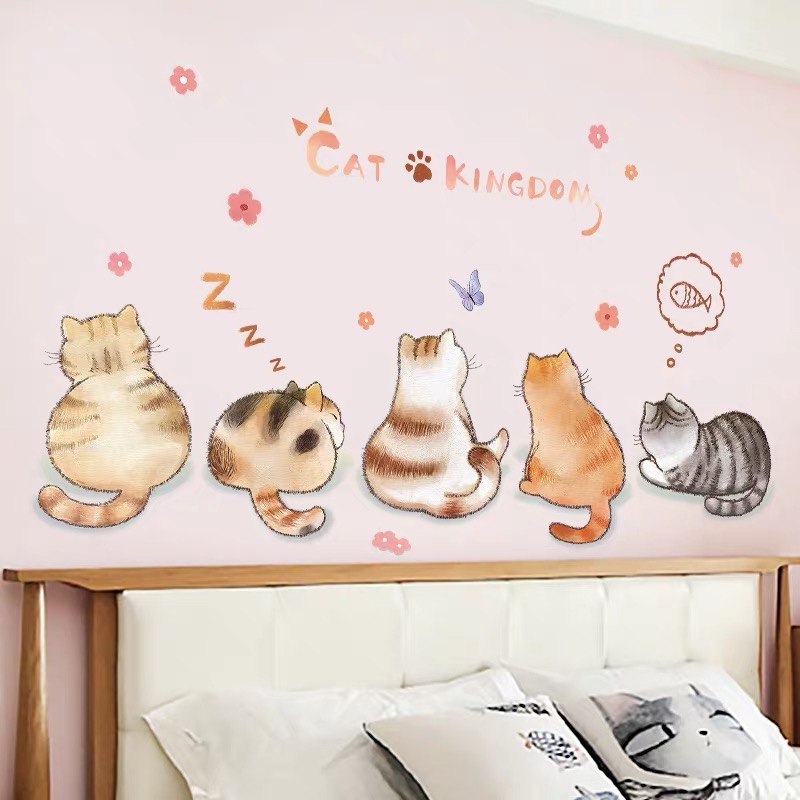 可爱猫咪墙纸自粘客厅背景粉红少女心温馨卧室创意贴纸床头装饰画