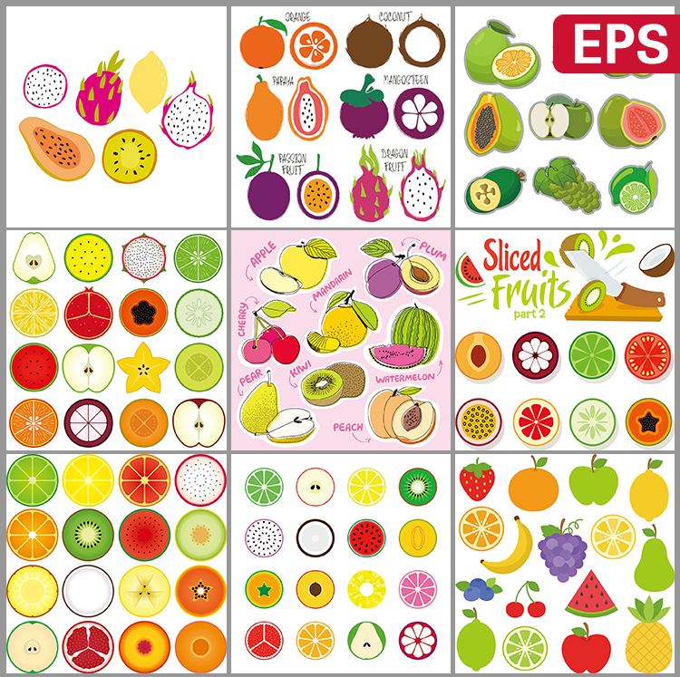 绿色有机水果火龙果苹果橙子西瓜梨子木瓜UI图标EPS矢量设计素材