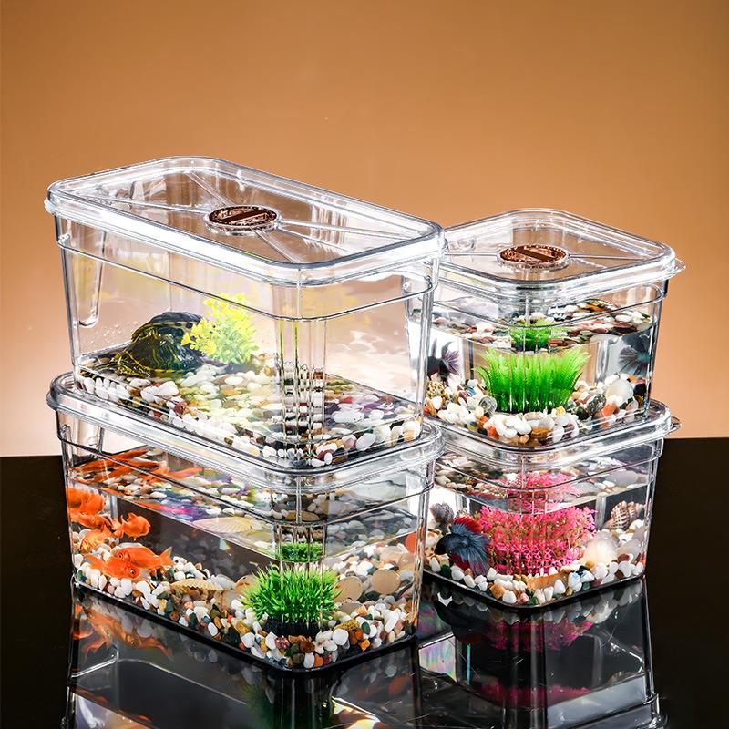 透明塑料观景带盖提手设计小型乌龟缸桌面可叠加斗鱼缸客厅金鱼缸