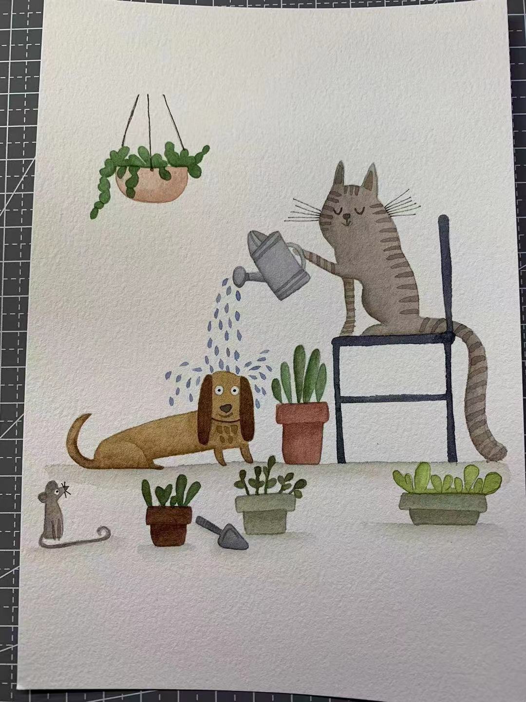 【三猫手绘】水彩画作品《来自猫咪的惊喜》788装饰画