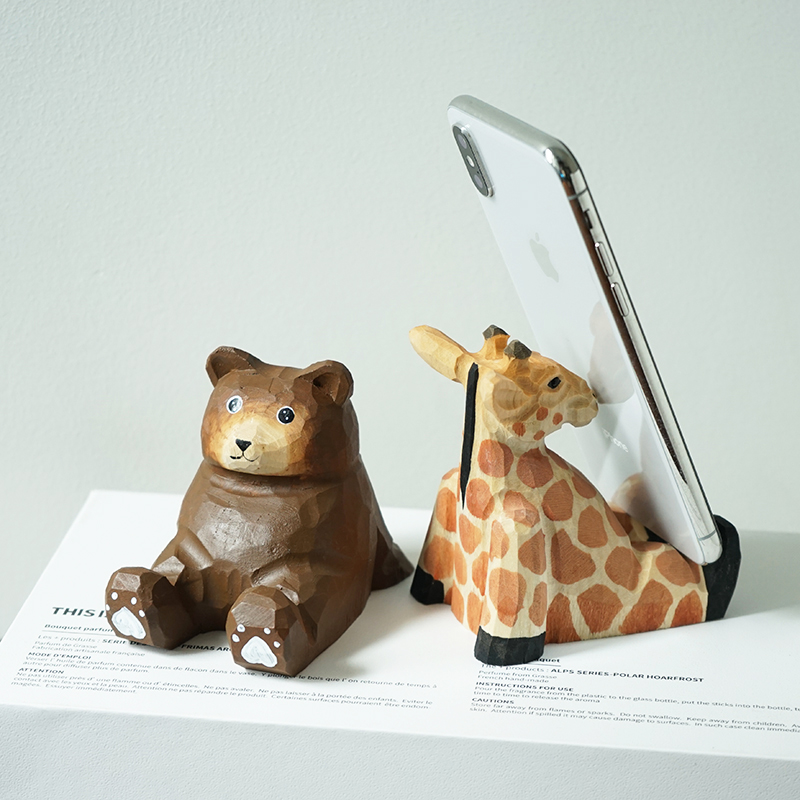 手机支架手工木雕长颈鹿棕熊创意可爱卡通治愈办公室桌面实用摆件
