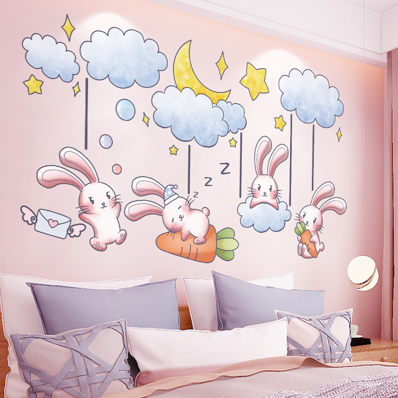 卡通萌兔子吊饰墙贴儿童房间布置宝宝卧室背景墙面装饰墙壁纸自粘