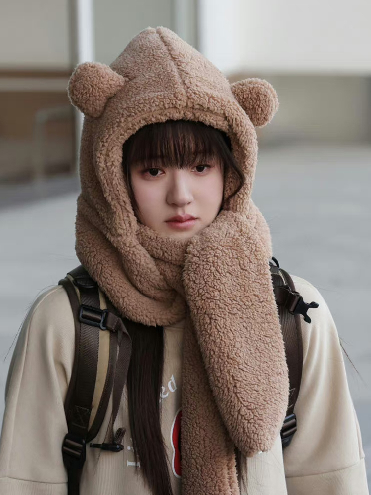 韩国正品jennie连体小熊帽子围巾一体护耳朵围脖秋冬可爱毛绒保暖