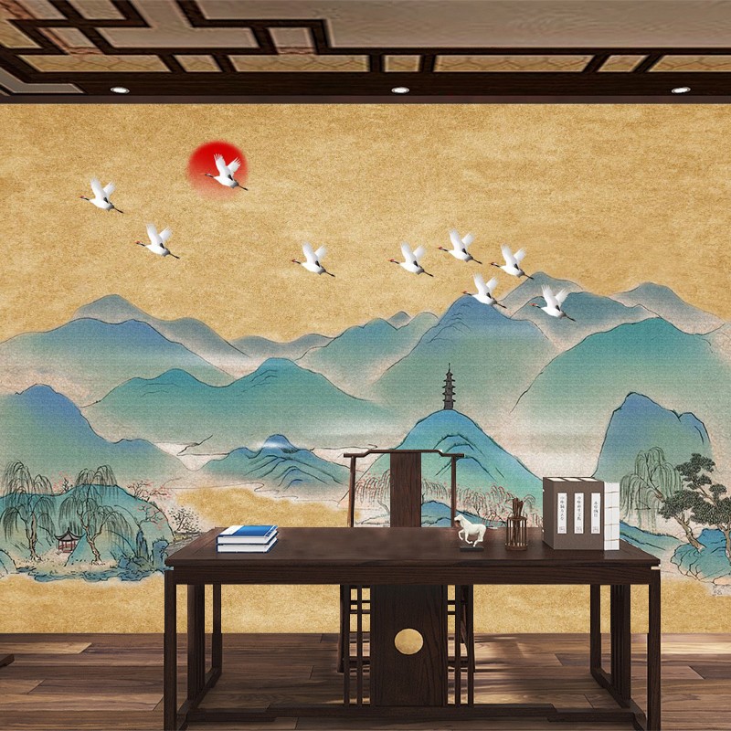 新中式墙纸飞鹤水墨背景墙壁纸客厅包厢壁画书房茶室直播禅意墙布