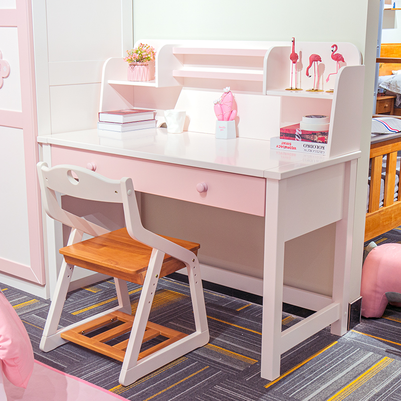 小尺寸实木简约书桌书架一体家用女孩女童学习桌可升降儿童房组合