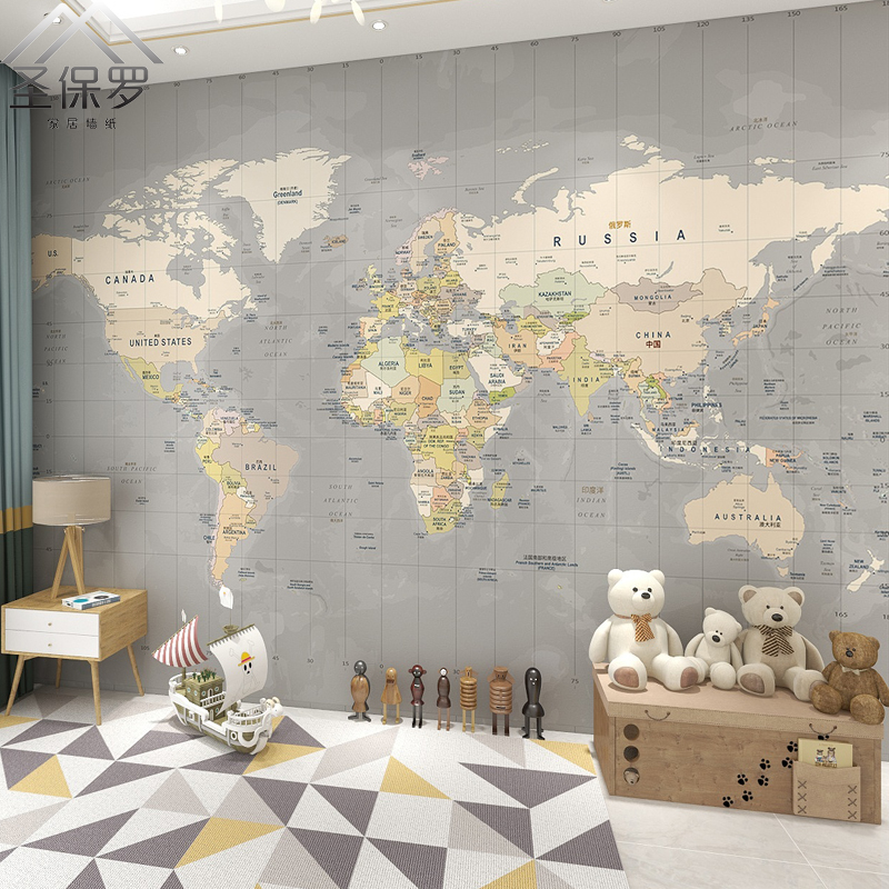 中英文世界地图墙纸儿童房男孩卧室创意书房墙布无缝复古灰色壁纸