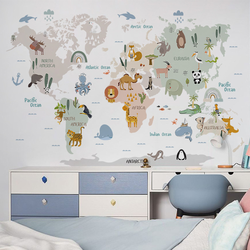 儿童卡通墙贴画世界分布地图动物贴纸自粘儿童房间卧室装饰墙壁纸