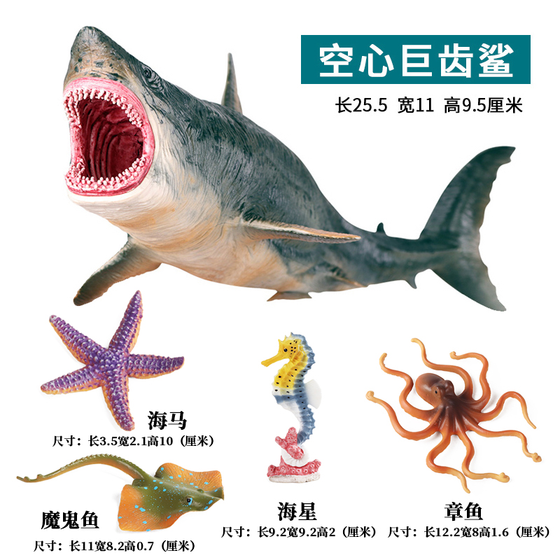 仿真海洋动物玩具生物大白鲨巨齿锤头鲨海豚龟魔鬼鱼儿童认知模型