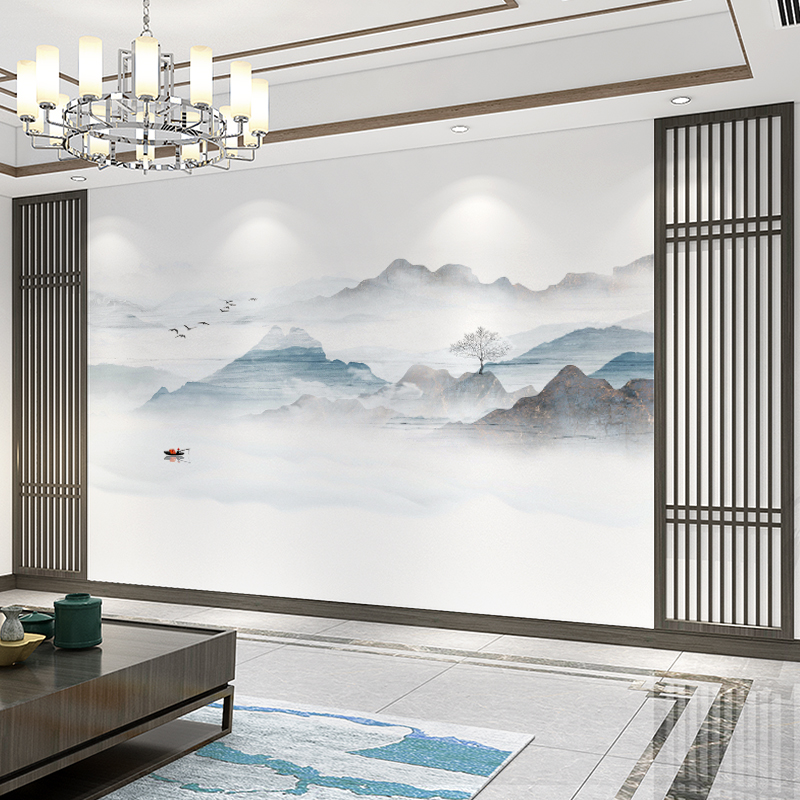 新中式蓝色意境山水电视背景墙纸简约轻奢客厅影视墙壁画沙发壁纸