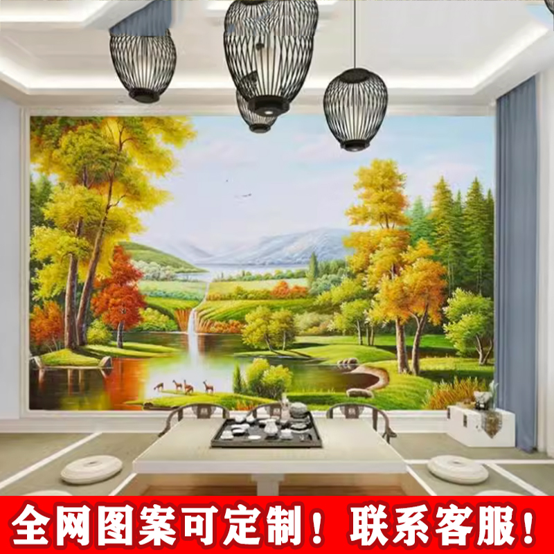 油画艺术河流电视背景墙手绘自然森林美景壁纸树木山水客厅壁画布