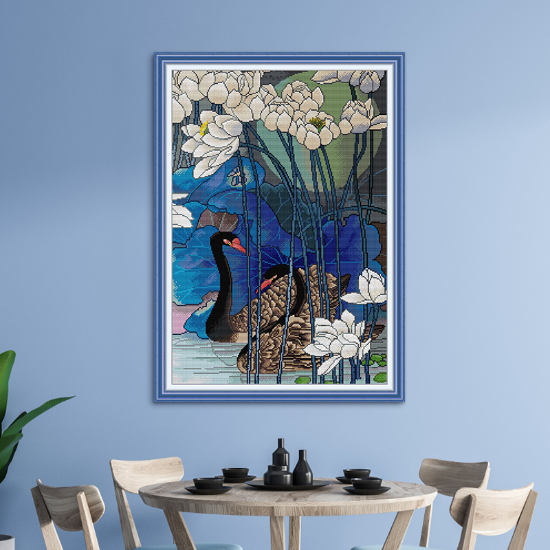 一对黑天鹅浪漫动物水中图案2023年新款十字绣客厅卧室挂画装饰绣