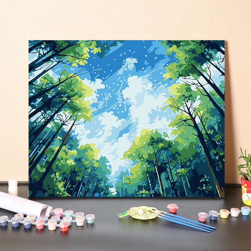 数字油画diy填充手工填色治愈仰望天空树林风景画涂色丙烯油彩画