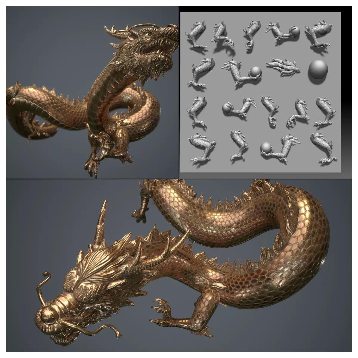 zbrush中国龙雕刻笔刷zb龙脚龙爪龙手身体笔刷和两个姿势3d模型