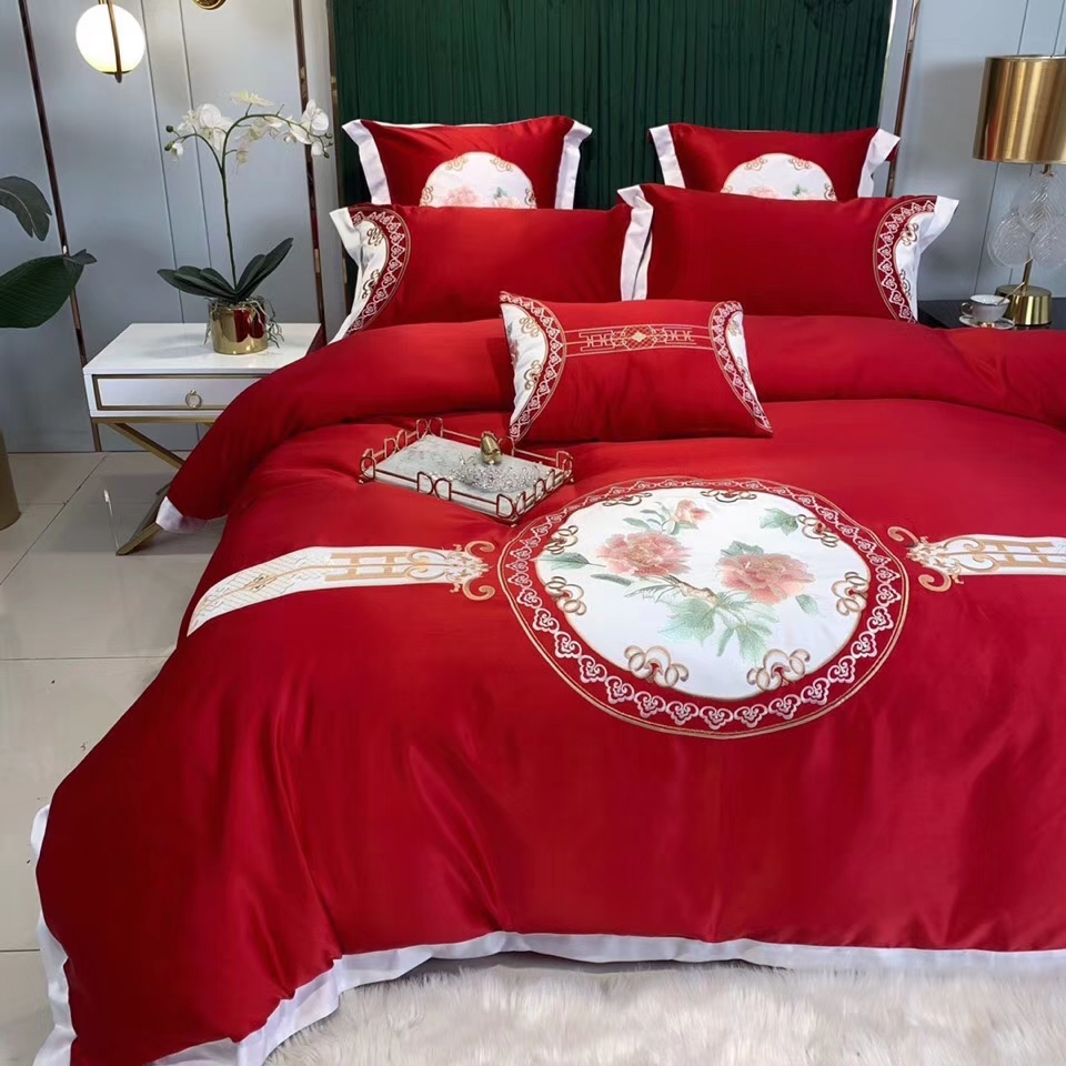 60纯棉刺绣全棉喜绣花四件套新中式红色被古典床上用品支牡丹婚庆