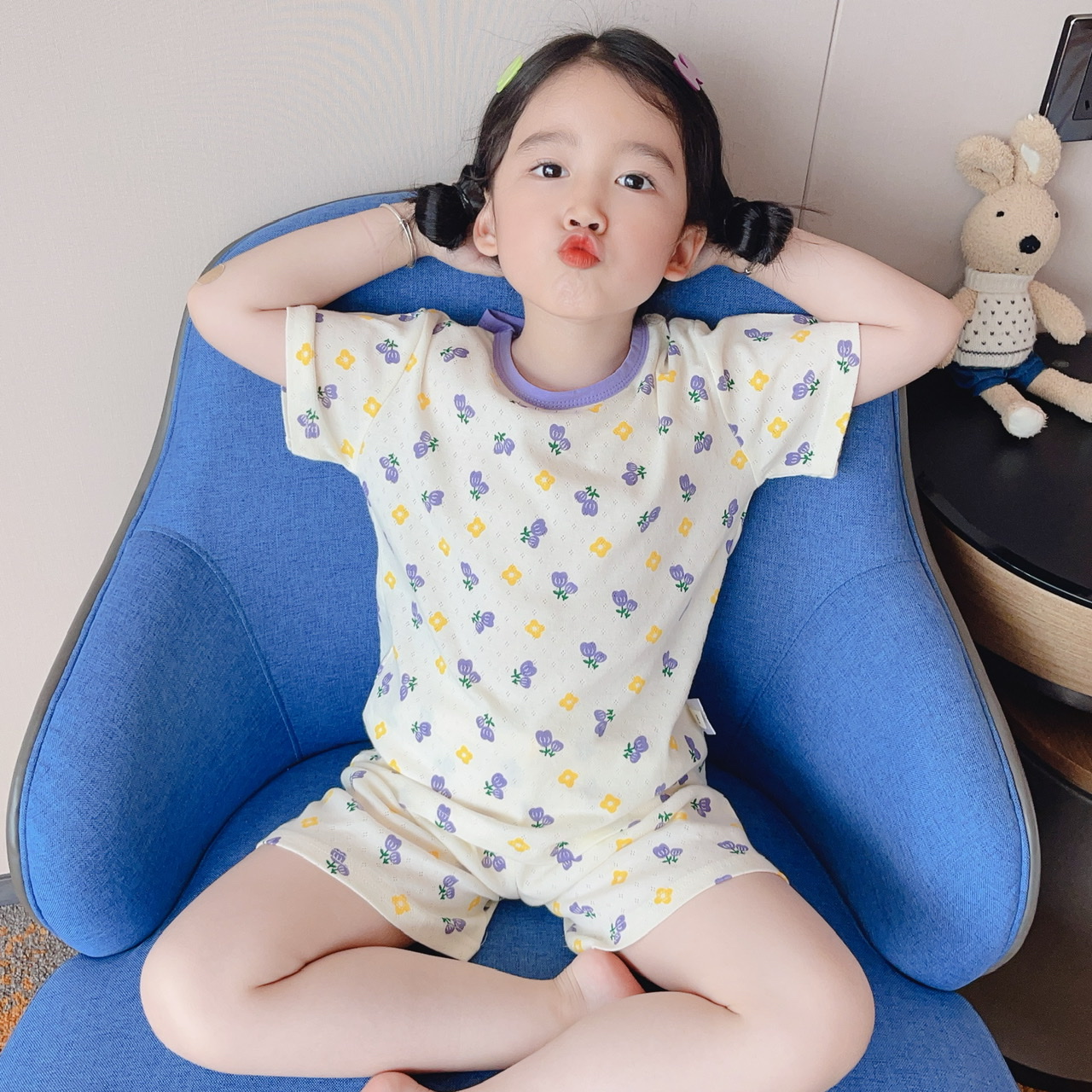 韩国网红女童甜美可爱小碎花家居服纯棉透气薄款男童卡通睡衣套装