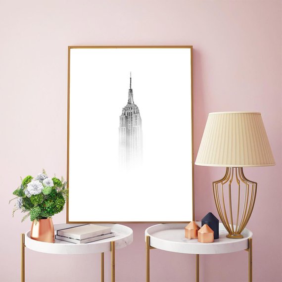 帝国大厦 自由女神 纽约风景海报黑白冷淡客厅背景大幅装饰落地画