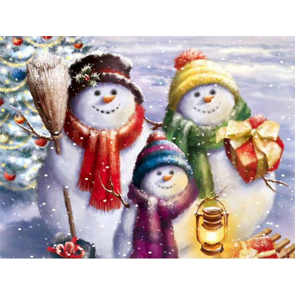 DIY数字油画自己填色温馨的圣诞雪人一家人喜庆堆雪人景装饰画