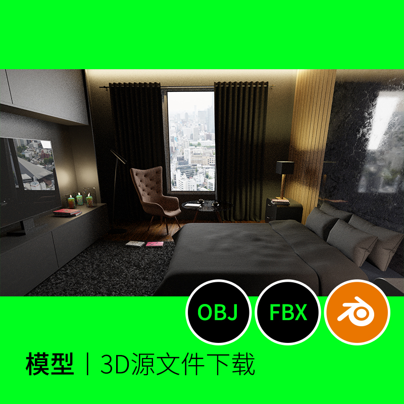 酒店房间卧室Blender三维3D模型建模素材场景OBJ文件FBX下载798