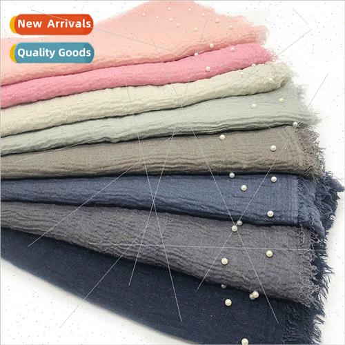 Cotton linen solid color whiskers edge pearl ladies scarf su