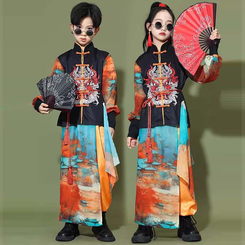中国风男童走秀演出服t台潮装街舞套装儿童模特童装潮酷帅气国潮