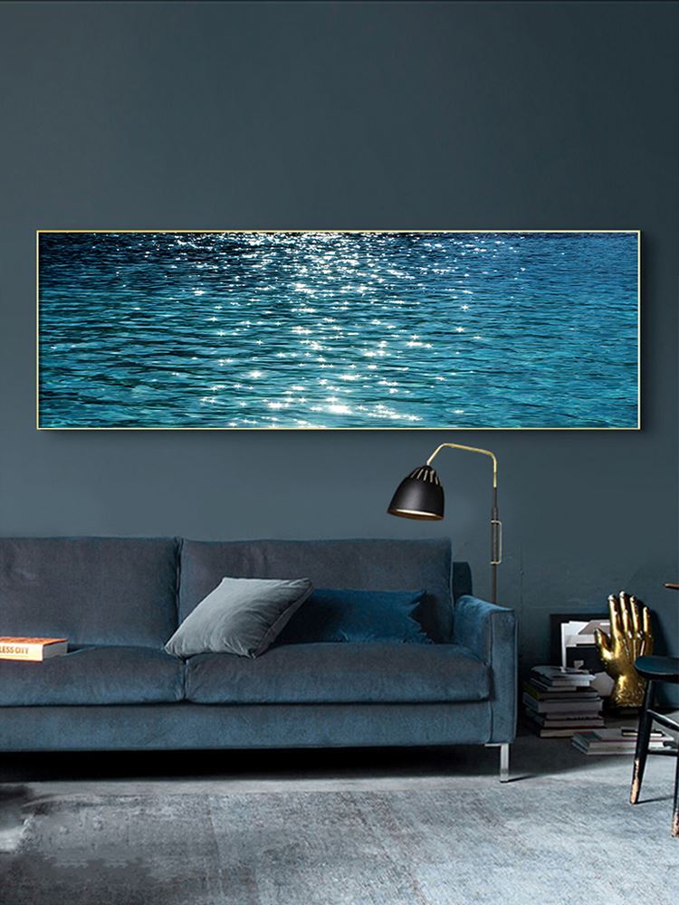 波光粼粼大海水面装饰画水波纹平静海浪蓝色客厅卧室沙发挂画横版