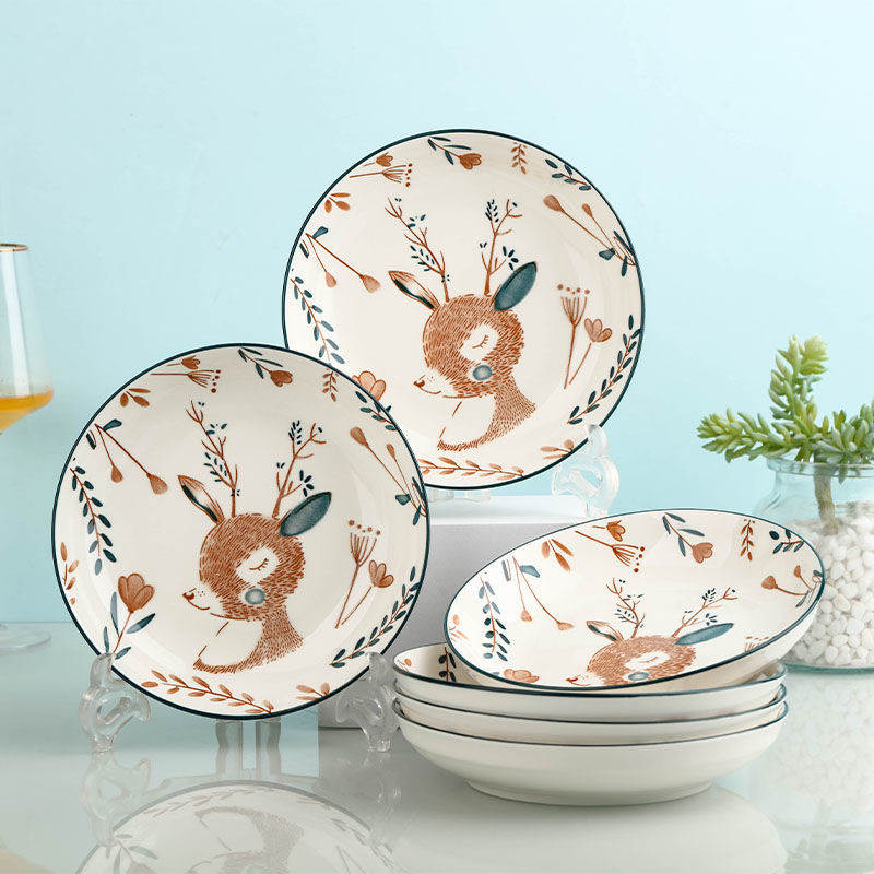 卡通7/8英寸盘子菜盘家庭用陶瓷简约个性创意圆形深碟子组合餐具