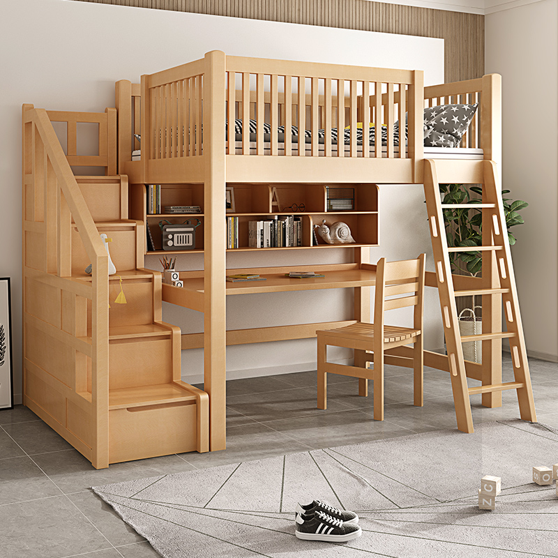 上下铺双层床实木榉木儿童书桌一体上床下桌护栏子母高架床单上层
