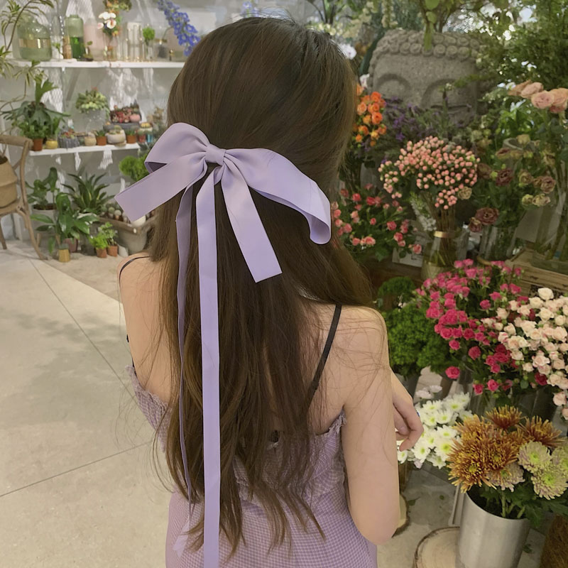 紫色蝴蝶结发夹女长春花蓝仙气弹簧夹顶夹后脑勺气质飘带发卡头饰