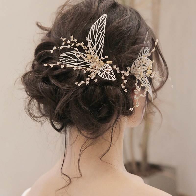 正品韩式珍珠发夹超仙金色叶子边夹森系网红头饰仙美婚纱礼服配饰